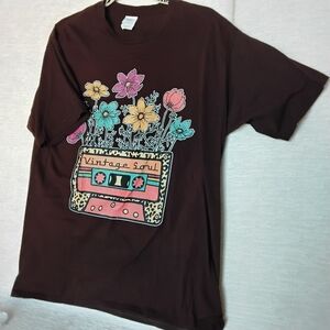 "Vintage Soul" Dark Brown Womans T-Shirt with Floral Cassette Design